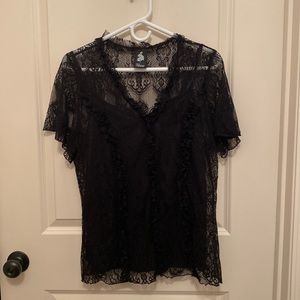 Womens Tuberose Black Lace Short Sleeve Top with ruffles & black cami size L/XL
